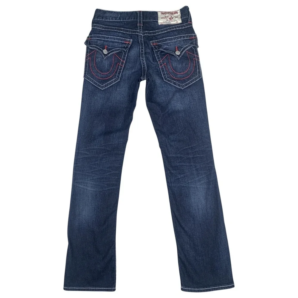 True Religion Straight Flap Jeans Mens 29 Dark Wash Big T Stitch